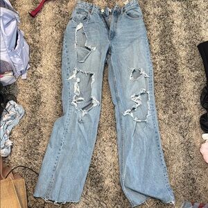 Zara Blue Straight Leg Jeans with Distressed Details
